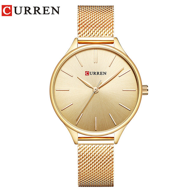 CURREN Women's Watch Luxury Rose Gold Milanese Steel Quartz Ladies Wristwatch