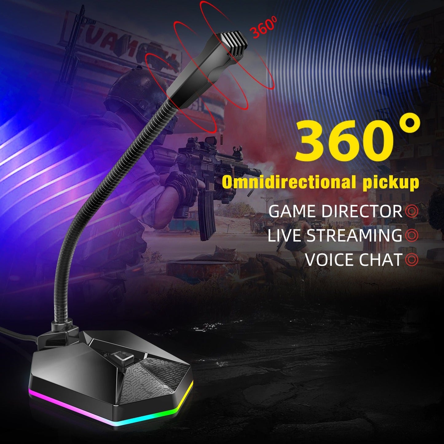 360° Omnidirectional USB Gaming Microphone with RGB Streamer, Noise Cancelling, Metal Gooseneck eprolo