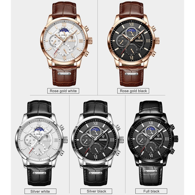LIGE Men's Luxury Chronograph Watch - Leather Strap, Quartz Movement, Waterproof, 3ATM eprolo