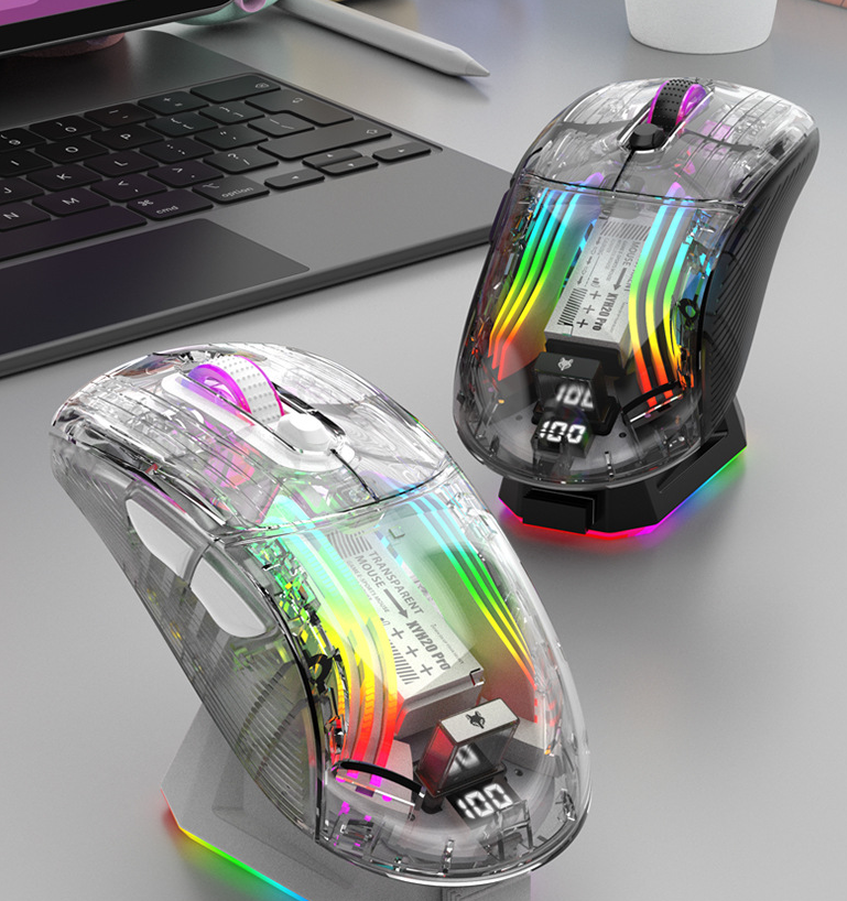 XUNFOX XYH20 Transparent RGB Wireless Mouse, 3-Mode Bluetooth Gaming Mouse with Mute Buttons - Lumic Deals
