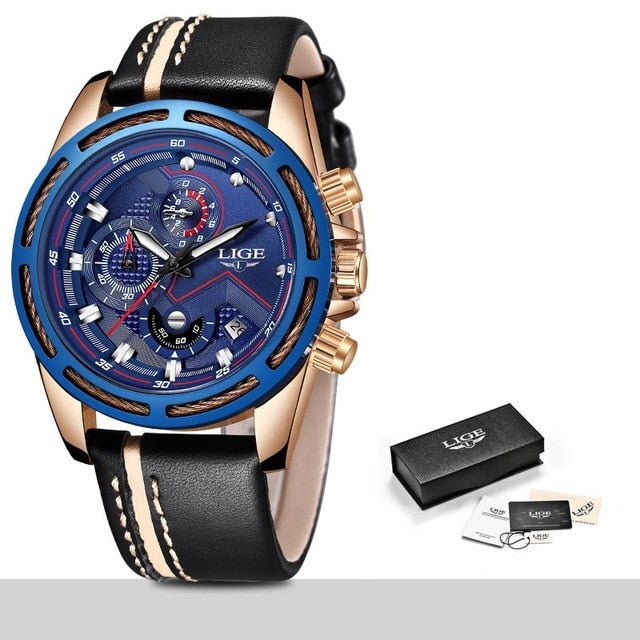 LIGE 9882 Men's Luxury Gold Sport Quartz Watch, Leather Band, Waterproof eprolo