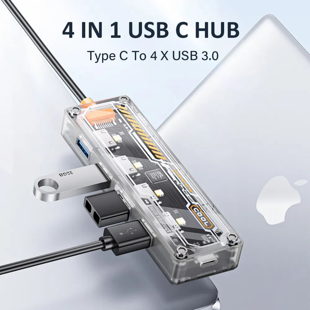 ASOMETECH 4-in-1 USB-C to 4 USB 3.0 Transparent Hub for Mac & More eprolo