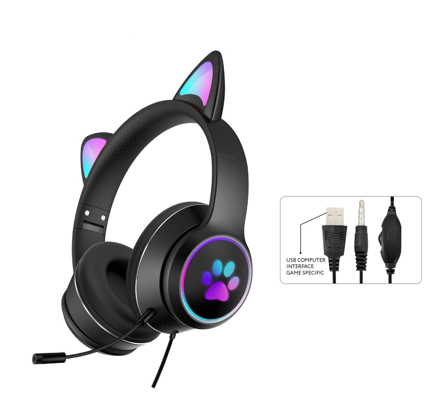 AKZ-022 RGB Cat Ear Gaming Headset Wired 7.1 Stereo LED Mic 3.5mm & USB eprolo