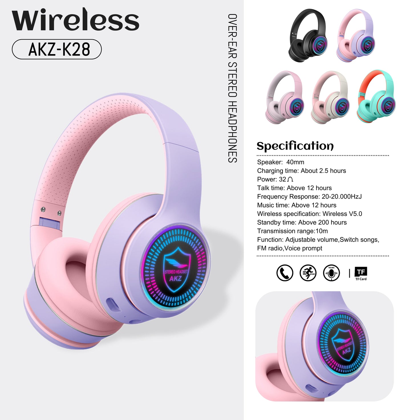 AKZ-K28 Wireless Bluetooth 5.0 Headset RGB Light Stereo TF/FM, 5 Colors eprolo