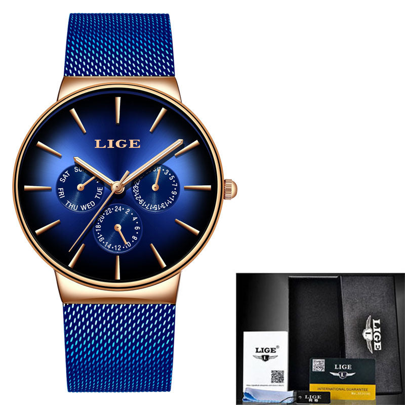 LIGE 9936 Quartz Men's Watch - Stainless Steel Mesh Strap, 30M Waterproof, Minimalist Casual Style eprolo