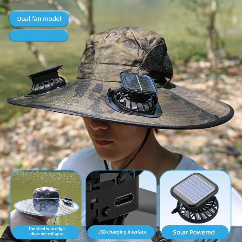 Camper Solar Fan Hat - Dual Fan, USB & Solar Powered Outdoor UV Protection Fishing Hat for Men & Women eprolo