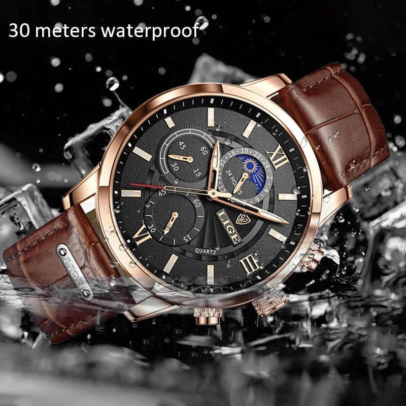 LIGE Men's Luxury Chronograph Watch - Leather Strap, Quartz Movement, Waterproof, 3ATM eprolo