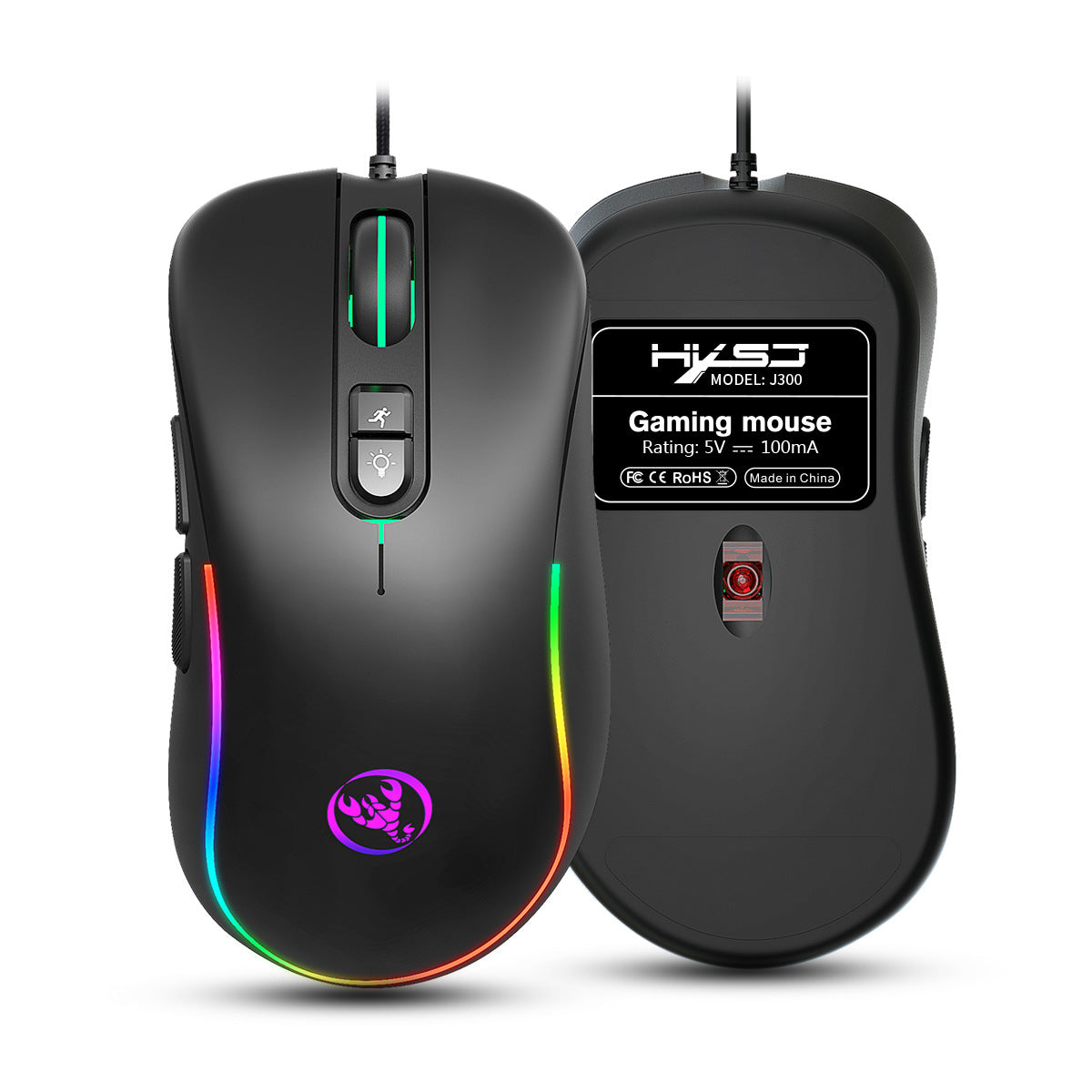 HXSJ J300 RGB Programmable Gaming Mouse, 6400DPI, 7 Buttons, Macro Wired Mouse