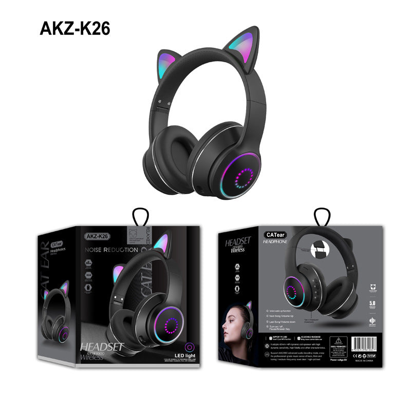 AKZ-K26 Cat Ear Bluetooth Headphones LED Wireless Stereo Mic TF Card AUX FM eprolo