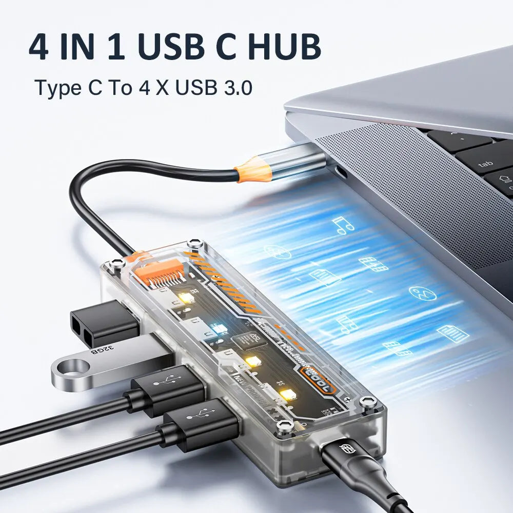 ASOMETECH 4-in-1 USB-C to 4 USB 3.0 Transparent Hub for Mac & More eprolo