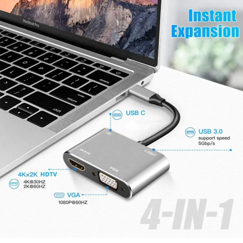 USB-C Hub 4-in-1 Adapter with 4K HDMI, VGA, USB 3.0, PD Fast Charge for MacBook Laptop Phone eprolo