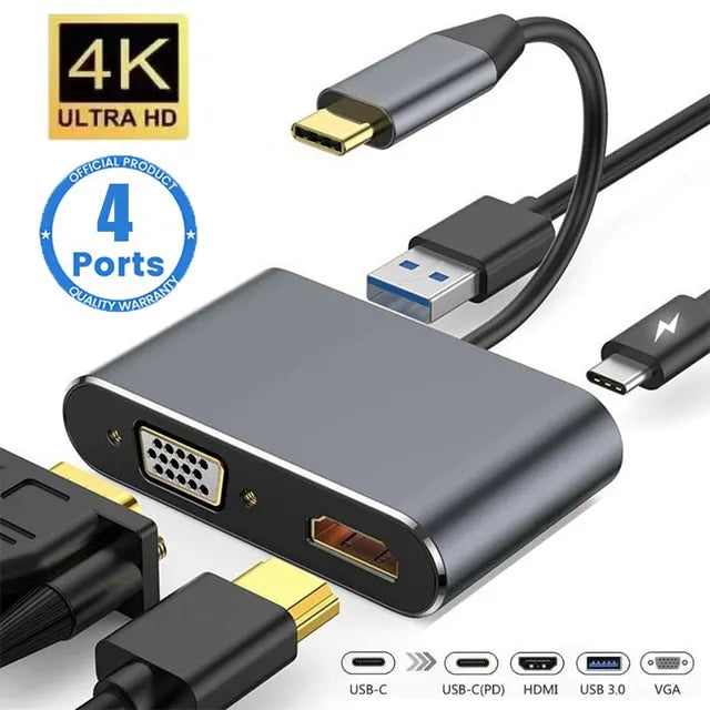 USB-C Hub 4-in-1 Adapter with 4K HDMI, VGA, USB 3.0, PD Fast Charge for MacBook Laptop Phone eprolo