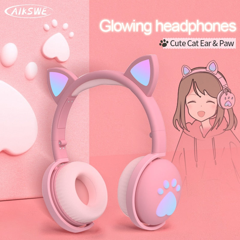 AIKSWE Bluetooth Headphones with LED Cat Ears, HIFI Stereo Bass, Foldable Wireless Headset eprolo