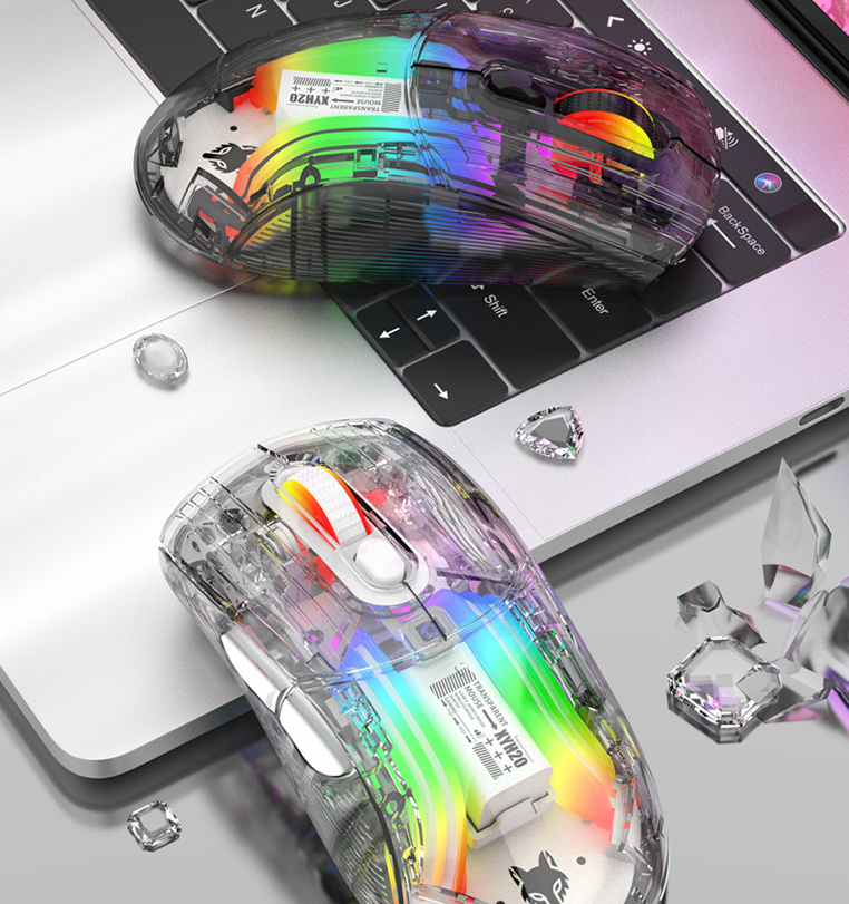 XUNFOX XYH20 Transparent RGB Wireless Mouse, 3-Mode Bluetooth Gaming Mouse with Mute Buttons - Lumic Deals