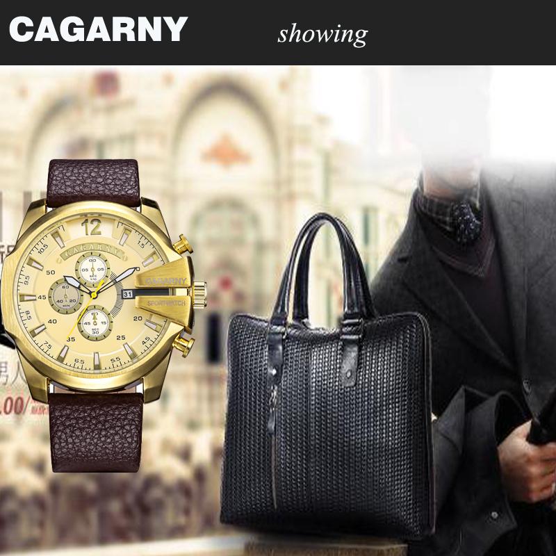 CAGARNY 6839 Men's Military Quartz Watch Stainless Steel Leather Strap Sport