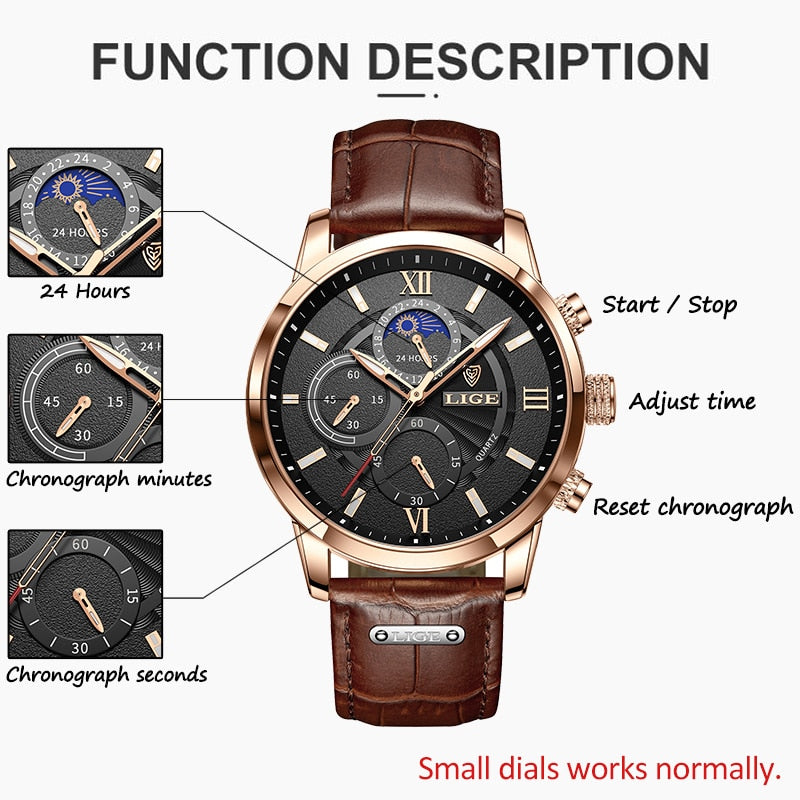 LIGE Men's Luxury Chronograph Watch - Leather Strap, Quartz Movement, Waterproof, 3ATM eprolo