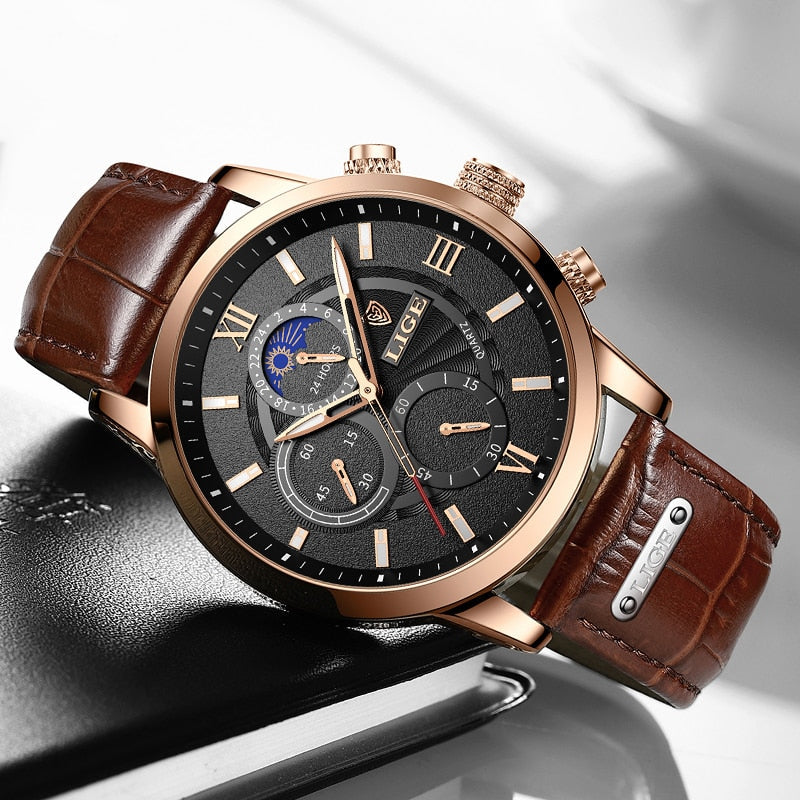 LIGE Men's Luxury Chronograph Watch - Leather Strap, Quartz Movement, Waterproof, 3ATM eprolo