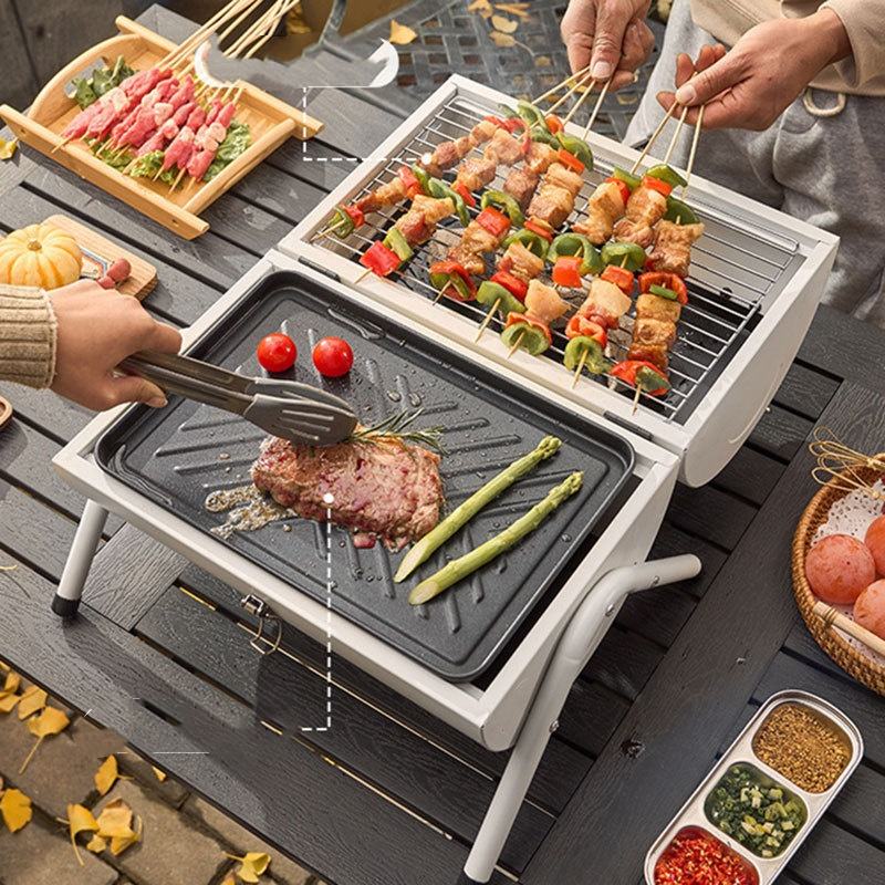 Portable Double-Sided BBQ Grill with Baking Tray, Outdoor Charcoal Stove for Camping - Lumic Deals