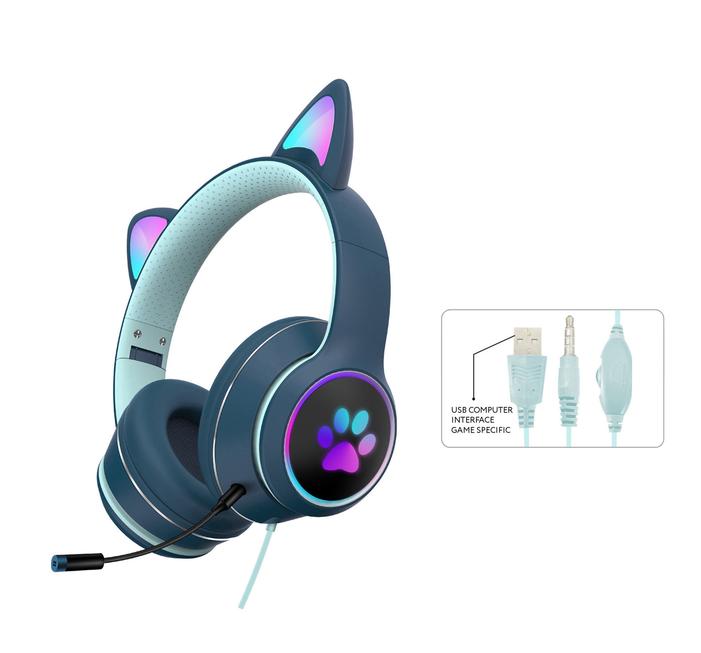 AKZ-022 RGB Cat Ear Gaming Headset Wired 7.1 Stereo LED Mic 3.5mm & USB eprolo