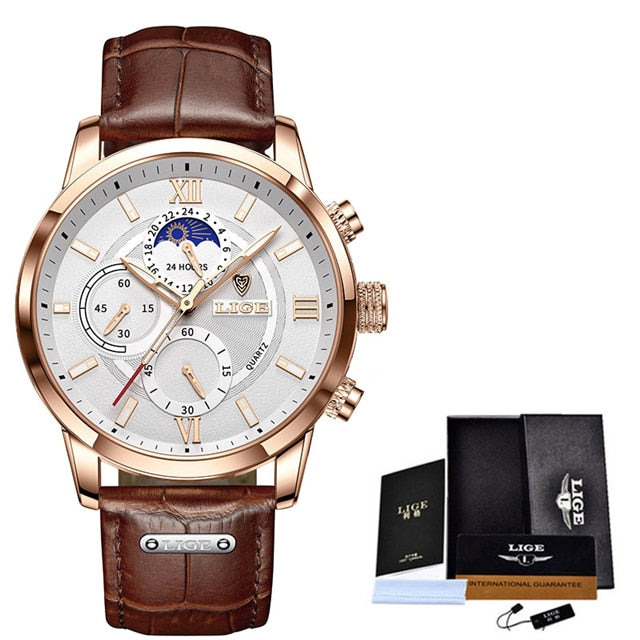 LIGE Men's Luxury Chronograph Watch - Leather Strap, Quartz Movement, Waterproof, 3ATM eprolo