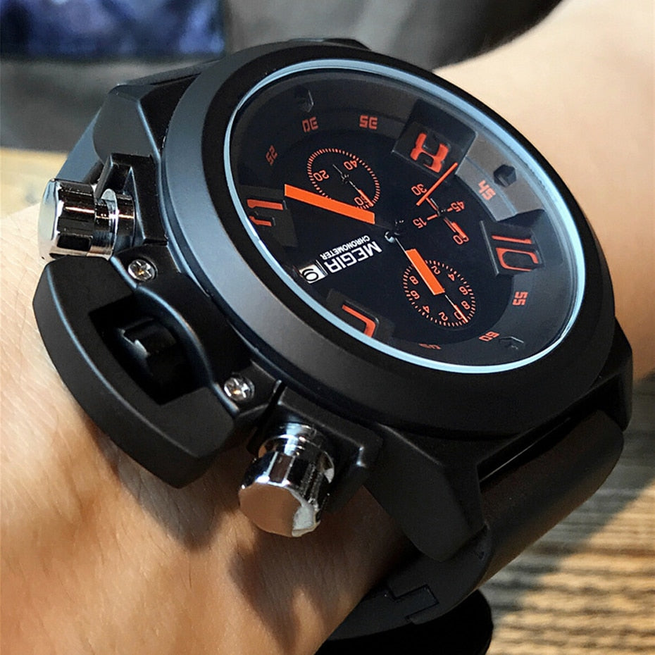 MEGIR 2002 Men's Military Chronograph Watch, 48mm Sport Quartz Watch Waterproof Black/White