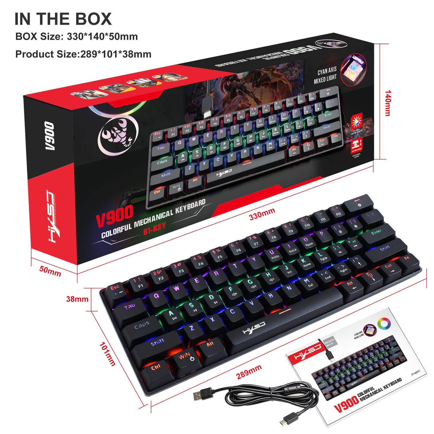 HXSJ V900 61-Key RGB Mechanical Keyboard, Blue Switch Wired Gaming Keyboard for PC/Mac