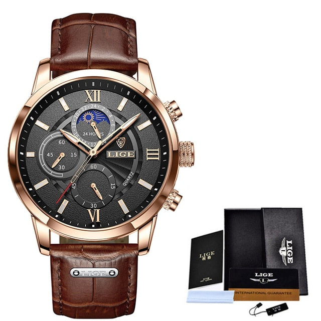 LIGE Men's Luxury Chronograph Watch - Leather Strap, Quartz Movement, Waterproof, 3ATM eprolo