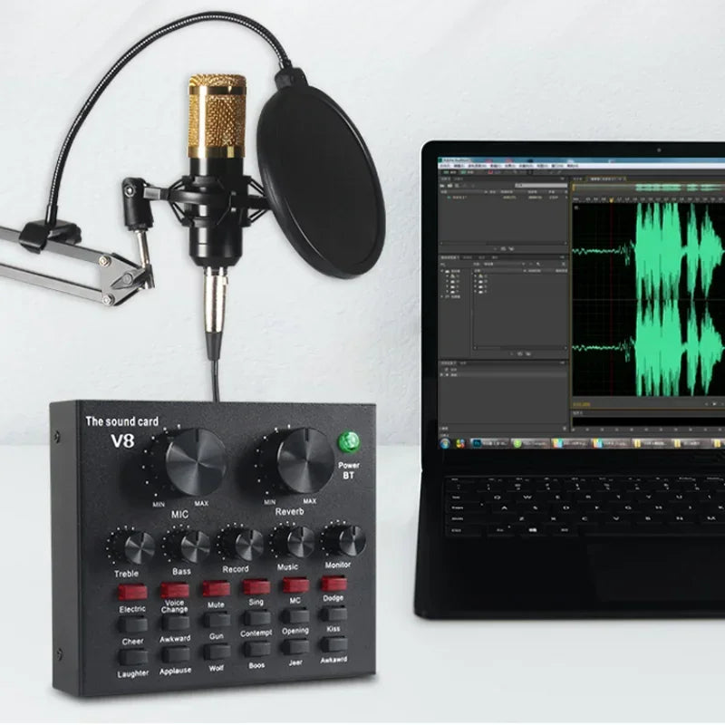 V8 Professional Sound Card with BM-800 Mic - Live Streaming, Podcasting, Voice Changer, USB Audio Interface for PC, Mobile, Gaming eprolo
