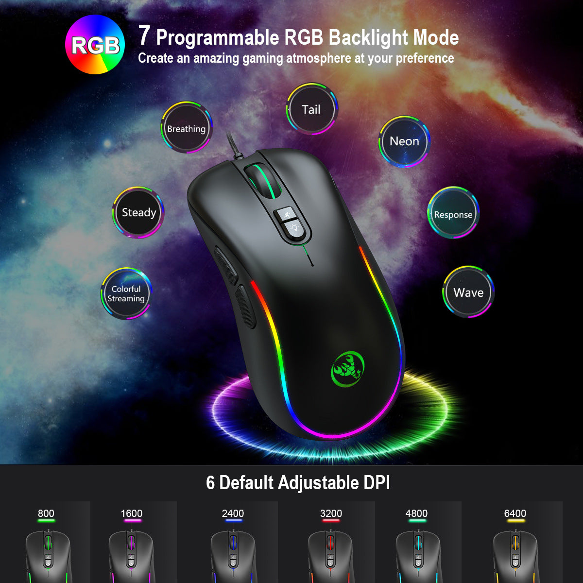 HXSJ J300 RGB Programmable Gaming Mouse, 6400DPI, 7 Buttons, Macro Wired Mouse