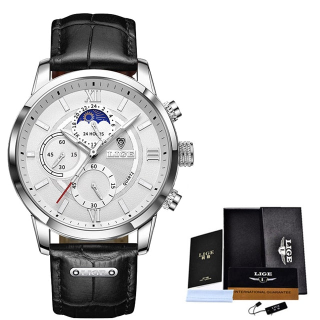 LIGE Men's Luxury Chronograph Watch - Leather Strap, Quartz Movement, Waterproof, 3ATM eprolo