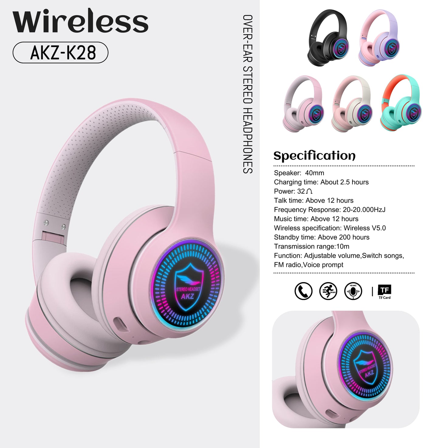 AKZ-K28 Wireless Bluetooth 5.0 Headset RGB Light Stereo TF/FM, 5 Colors eprolo