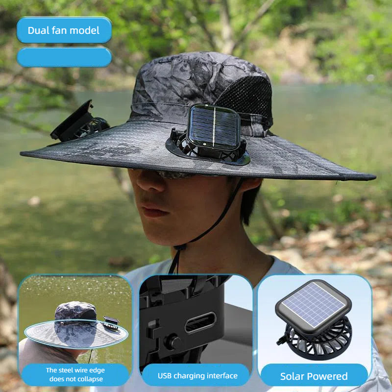 Camper Solar Fan Hat - Dual Fan, USB & Solar Powered Outdoor UV Protection Fishing Hat for Men & Women eprolo