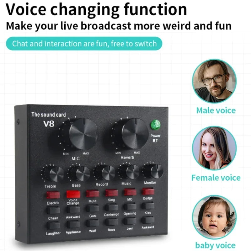 V8 Professional Sound Card with BM-800 Mic - Live Streaming, Podcasting, Voice Changer, USB Audio Interface for PC, Mobile, Gaming eprolo