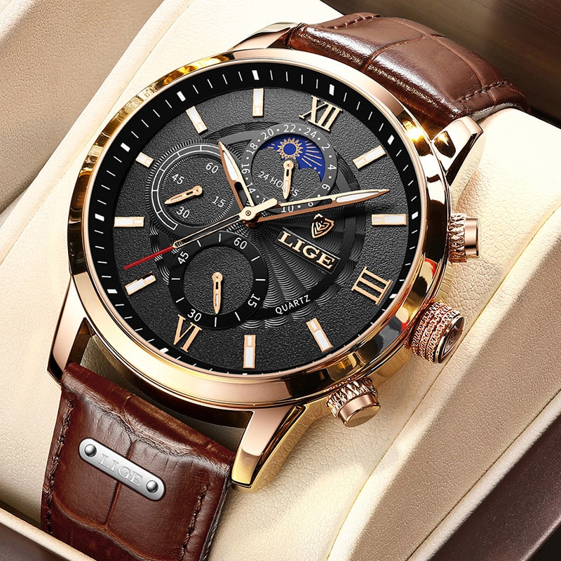 LIGE Men's Luxury Chronograph Watch - Leather Strap, Quartz Movement, Waterproof, 3ATM eprolo