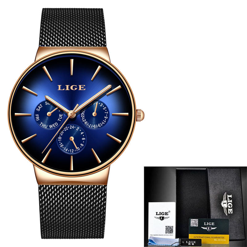 LIGE 9936 Quartz Men's Watch - Stainless Steel Mesh Strap, 30M Waterproof, Minimalist Casual Style eprolo