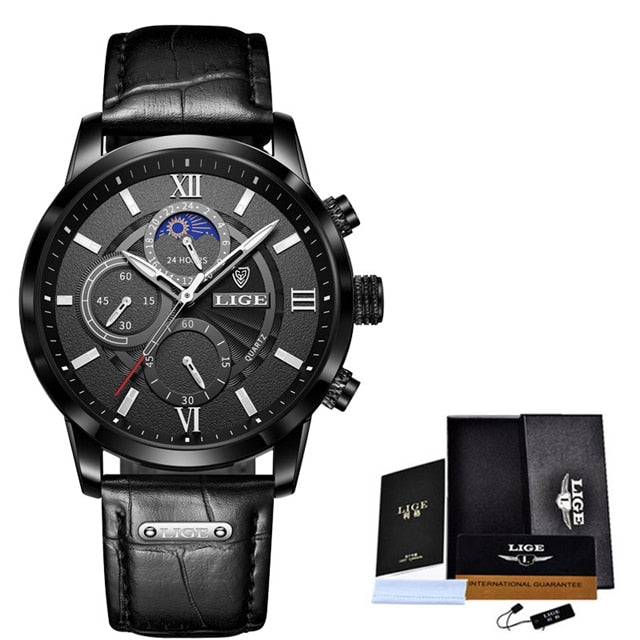 LIGE Men's Luxury Chronograph Watch - Leather Strap, Quartz Movement, Waterproof, 3ATM eprolo