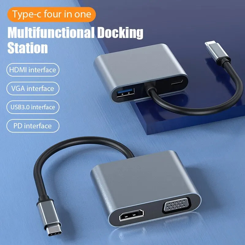 USB-C Hub 4-in-1 Adapter with 4K HDMI, VGA, USB 3.0, PD Fast Charge for MacBook Laptop Phone eprolo