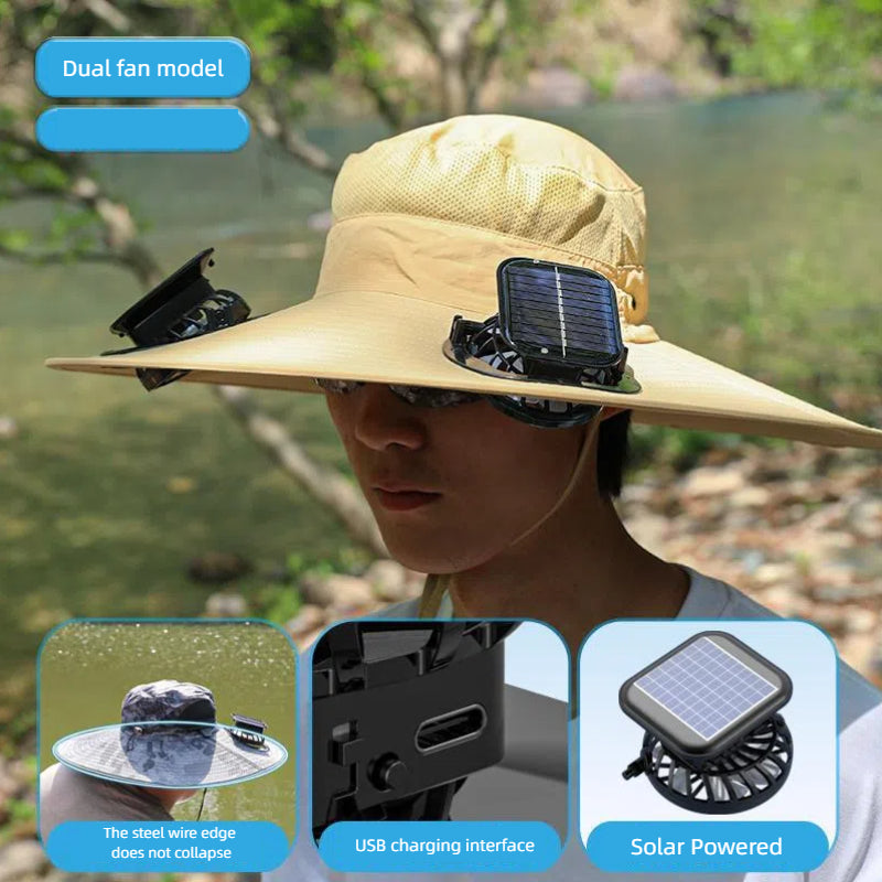 Camper Solar Fan Hat - Dual Fan, USB & Solar Powered Outdoor UV Protection Fishing Hat for Men & Women eprolo