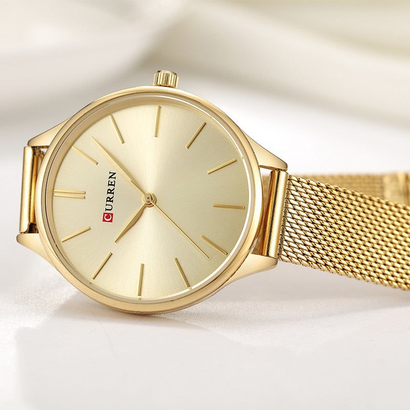 CURREN Women's Watch Luxury Rose Gold Milanese Steel Quartz Ladies Wristwatch