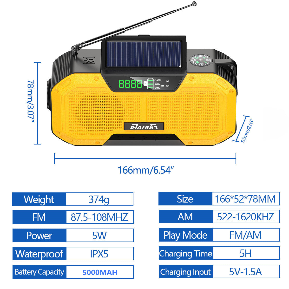 Phaong 5000mAh Solar Hand Crank Radio Bluetooth Speaker, AM/FM/WB, LED, SOS, IPX5 eprolo