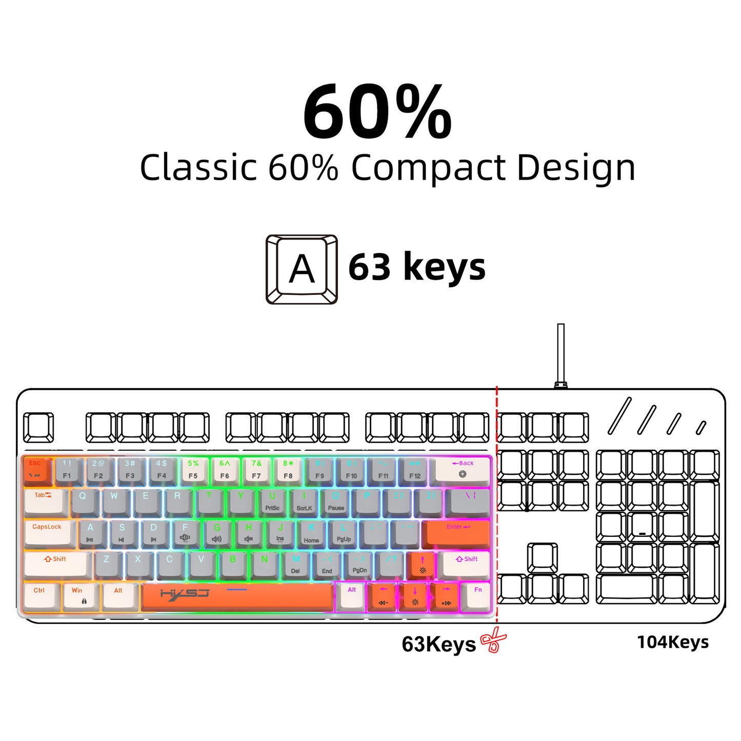 HXSJ 60% Mechanical Gaming Keyboard, 63 Key RGB Backlit, Red/Blue Switch