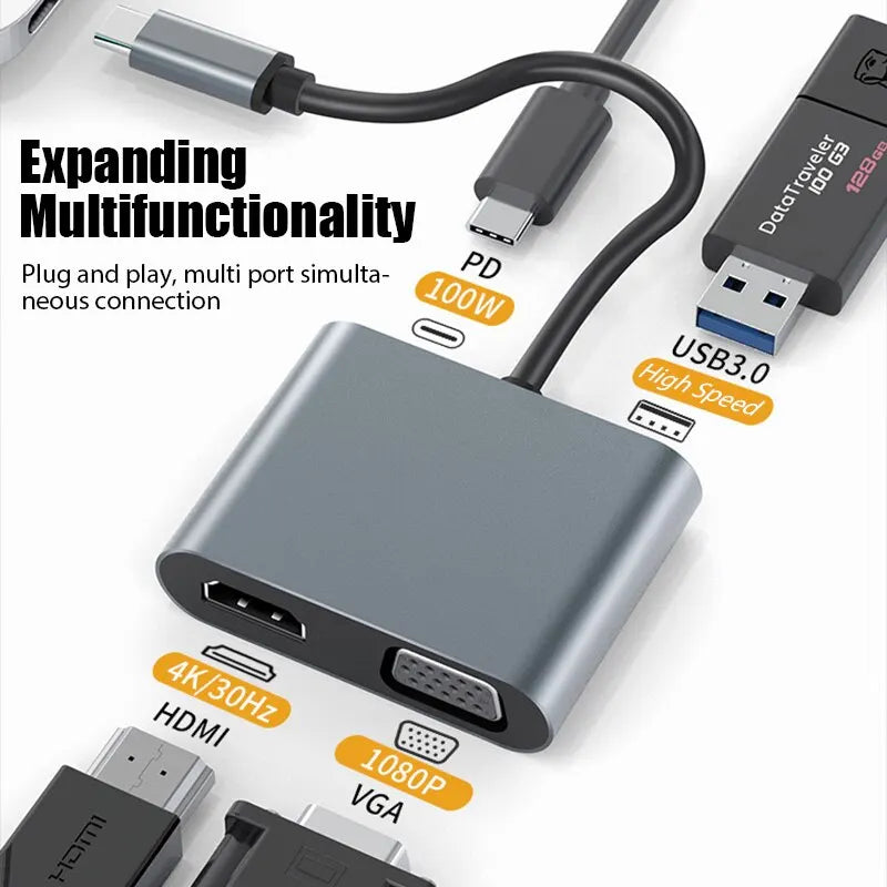 USB-C Hub 4-in-1 Adapter with 4K HDMI, VGA, USB 3.0, PD Fast Charge for MacBook Laptop Phone eprolo