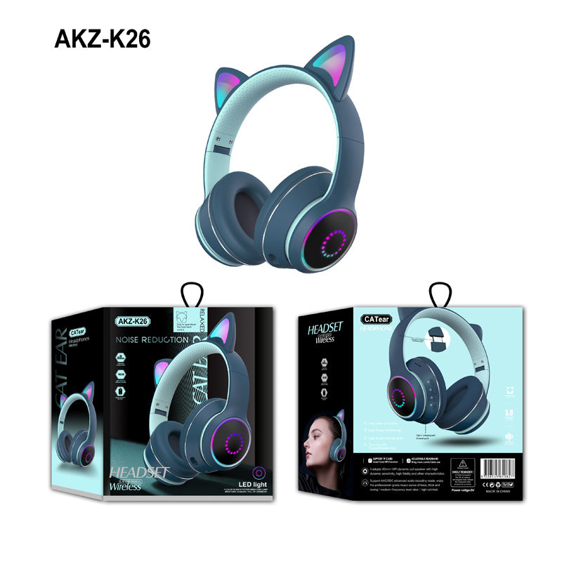 AKZ-K26 Cat Ear Bluetooth Headphones LED Wireless Stereo Mic TF Card AUX FM eprolo