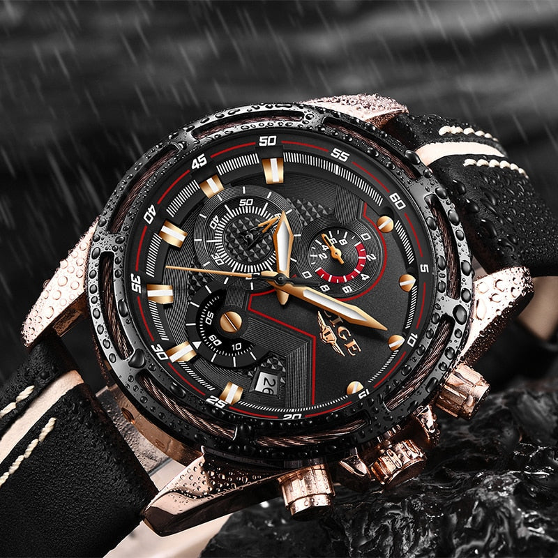 LIGE 9882 Men's Luxury Gold Sport Quartz Watch, Leather Band, Waterproof eprolo