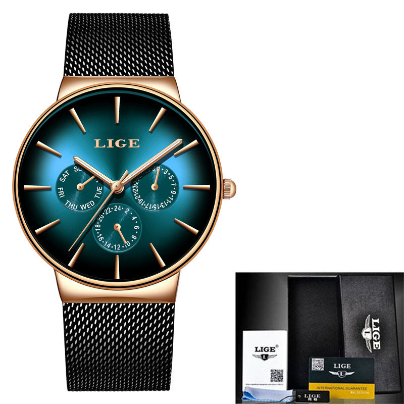 LIGE 9936 Quartz Men's Watch - Stainless Steel Mesh Strap, 30M Waterproof, Minimalist Casual Style eprolo