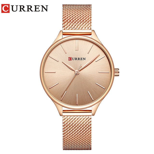 CURREN Women's Watch Luxury Rose Gold Milanese Steel Quartz Ladies Wristwatch