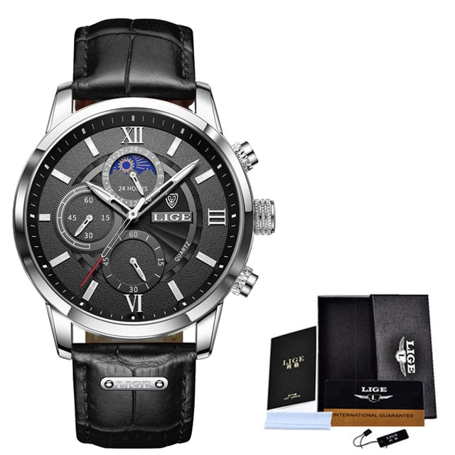 LIGE Men's Luxury Chronograph Watch - Leather Strap, Quartz Movement, Waterproof, 3ATM eprolo
