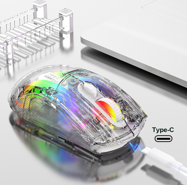 XUNFOX XYH20 Transparent RGB Wireless Mouse, 3-Mode Bluetooth Gaming Mouse with Mute Buttons - Lumic Deals