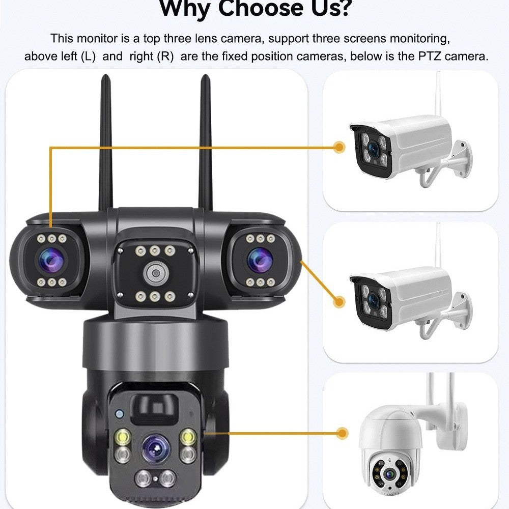 V380 360-Degree 3-Lens WiFi/4G Solar Security Camera with AI Detection, Night Vision, 3-Screen Monitoring eprolo