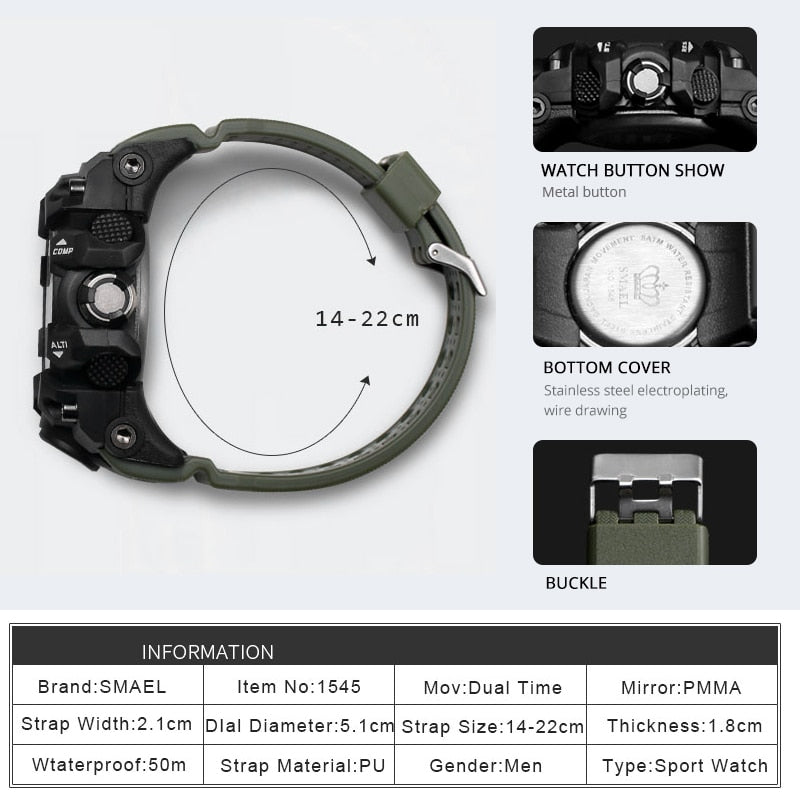 SMAEL 1545D Men's Military Sport Watch - 50m Waterproof, LED Digital Analog, Shock Resistant, Alarm, Stopwatch eprolo